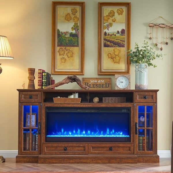 OKD Fireplace TV Stand for 80 Inch TV, Farmhouse Entertainment Center with 42" Fireplace & LED Lights, Modern Media Console Table with Storage Drawers & Cabinets for Living Room, Reclaimed Barnwood - Image 2