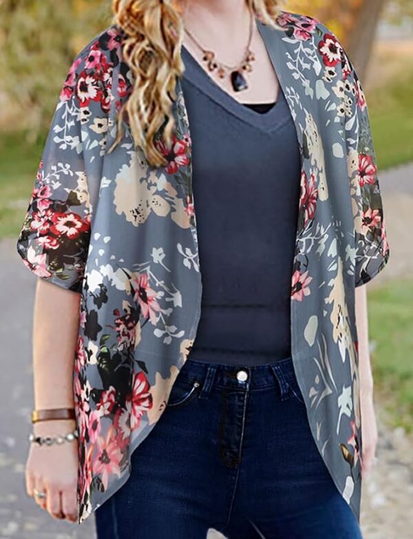 Women's Floral Print Puff Sleeve Kimono Cardigan Loose Cover Up Casual Blouse Tops - Image 2