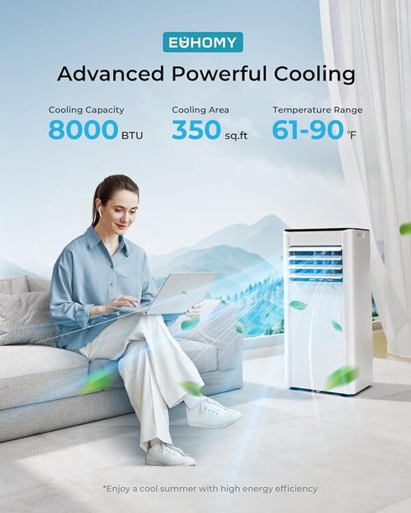 EUHOMY 8,000 BTU Portable Air Conditioners, 4-in-1 Portable AC Unit Up to 350 Sq.Ft, 4 Modes Quiet Air Conditioner with Remote Control, Cool, Fan, Dehumidifier, 24H Timer, Bedroom, Office, Apartments - Image 2