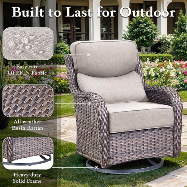 Luxury Outdoor Swivel Rocker Patio Chairs, High Back Swivel Patio Chairs with Side Table & 6-Inch Thick Cushions, Wicker Outdoor Bistro Set for Porch, Yard, Deck, Poolside, Brown/Beige - Image 6