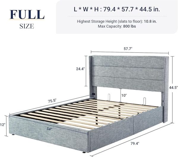 Allewie Full Size Lift Up Storage Bed, Modern Wingback Headboard, Hydraulic Support, No Box Spring Needed, Grey Blue - Image 3