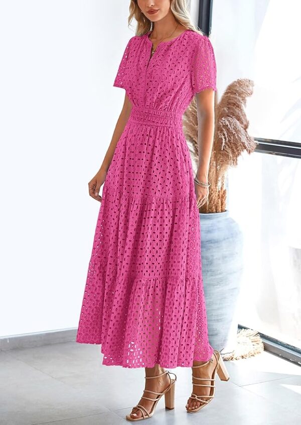 PRETTYGARDEN Womens 2025 Summer Maxi Dress Short Sleeve V Neck Hollow Out Eyelet A Line Long Flowy Beach Vacation Dresses - Image 5