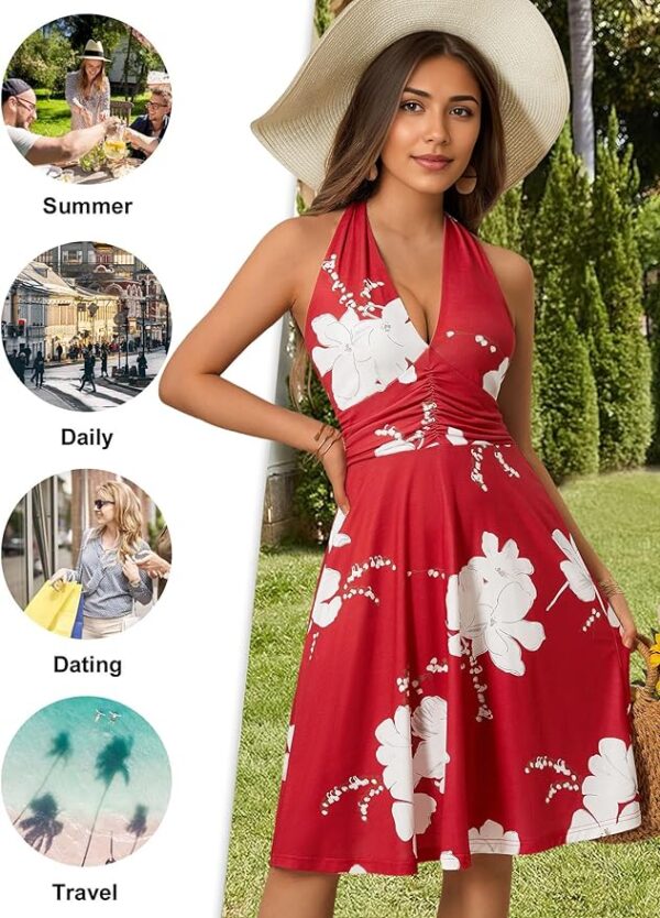 HUHOT Women's Summer Sundress Sleeveless Halter Neck Spring 2025 Floral with Pocket Elastic Waist Ruffle Mini Dresses - Image 6