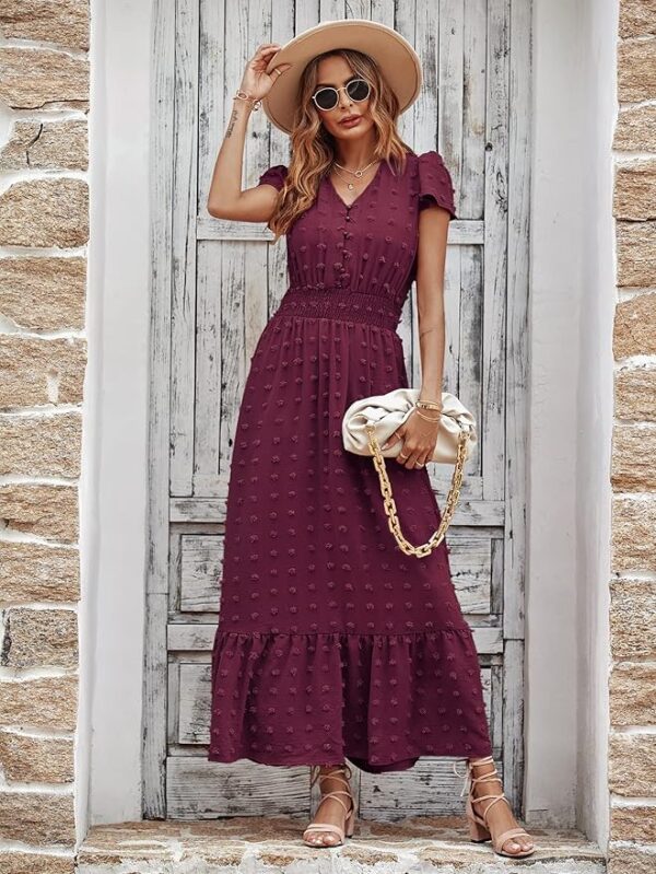 PRETTYGARDEN Womens Dresses 2025 Summer Maxi Dress Boho Short Sleeve V Neck Swiss Dot Ruffle Tiered Smocked Flowy Long Dress - Image 2