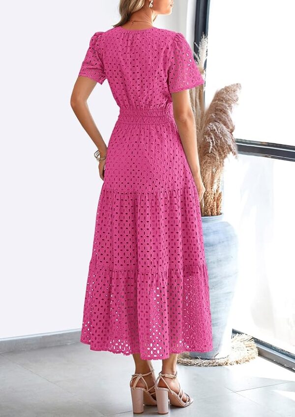 PRETTYGARDEN Womens 2025 Summer Maxi Dress Short Sleeve V Neck Hollow Out Eyelet A Line Long Flowy Beach Vacation Dresses - Image 6