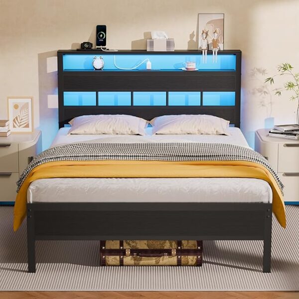 Furnulem Full Size Bed Frame with LED Light and Charging Station, Wood Storage Headboard with 2-Tier Shelves, Metal Platform Bed with Heavy Duty Slats Support, No Box Spring Needed, Black Oak