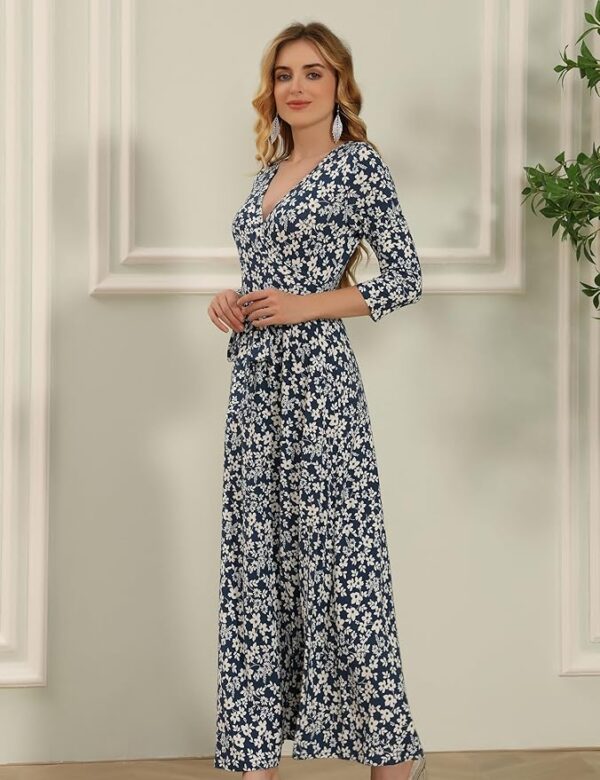 Aphratti Women's Maxi Dresses Summer 3/4 Sleeve V Neck Faux Wrap Flowy Spring Long Floral Maxi Dress - Image 3