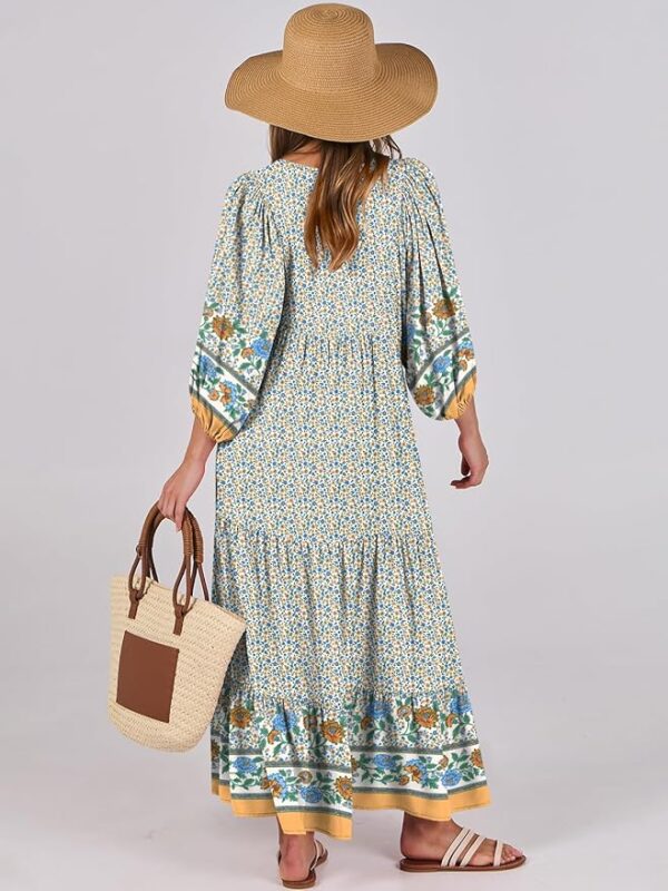 ANRABESS Womens Boho Maxi Dresses 2025 Summer V Neck Puff Sleeve Floral Flowy Swing Casual Long Dress - Image 2