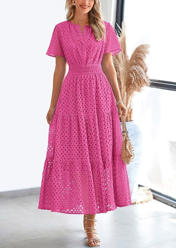 PRETTYGARDEN Womens 2025 Summer Maxi Dress Short Sleeve V Neck Hollow Out Eyelet A Line Long Flowy Beach Vacation Dresses - Image 2
