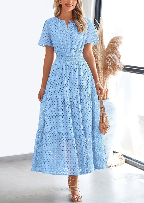 PRETTYGARDEN Womens 2025 Summer Maxi Dress Short Sleeve V Neck Hollow Out Eyelet A Line Long Flowy Beach Vacation Dresses - Image 6