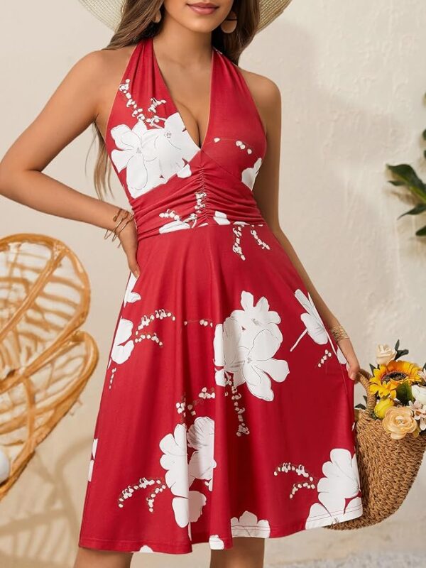 HUHOT Women's Summer Sundress Sleeveless Halter Neck Spring 2025 Floral with Pocket Elastic Waist Ruffle Mini Dresses - Image 4