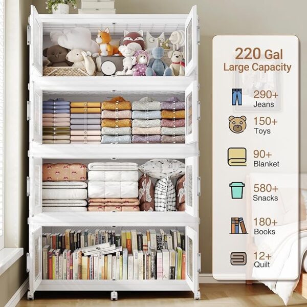 220Gal Extra Large Storage Bins with Lid, 880Qt Plastic Stackable Storage Bins with Wheels, Collapsible Closet Organizer and Storage Drawers, Storage Cabinets for Home, Office, 4 Pack, White - Image 4