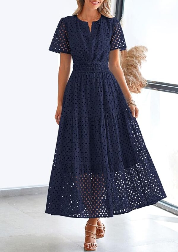 PRETTYGARDEN Womens 2025 Summer Maxi Dress Short Sleeve V Neck Hollow Out Eyelet A Line Long Flowy Beach Vacation Dresses - Image 2