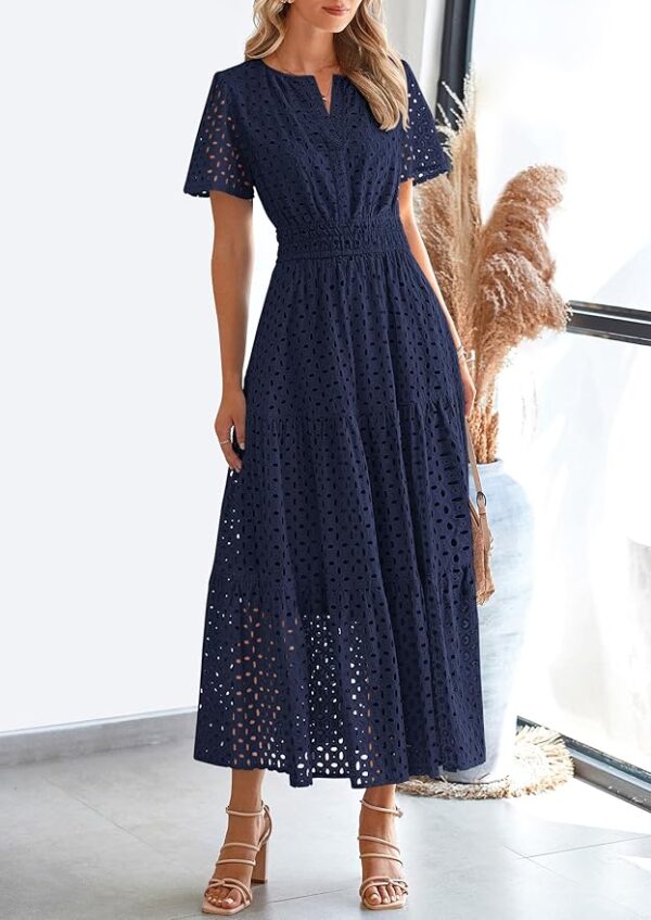 PRETTYGARDEN Womens 2025 Summer Maxi Dress Short Sleeve V Neck Hollow Out Eyelet A Line Long Flowy Beach Vacation Dresses - Image 3