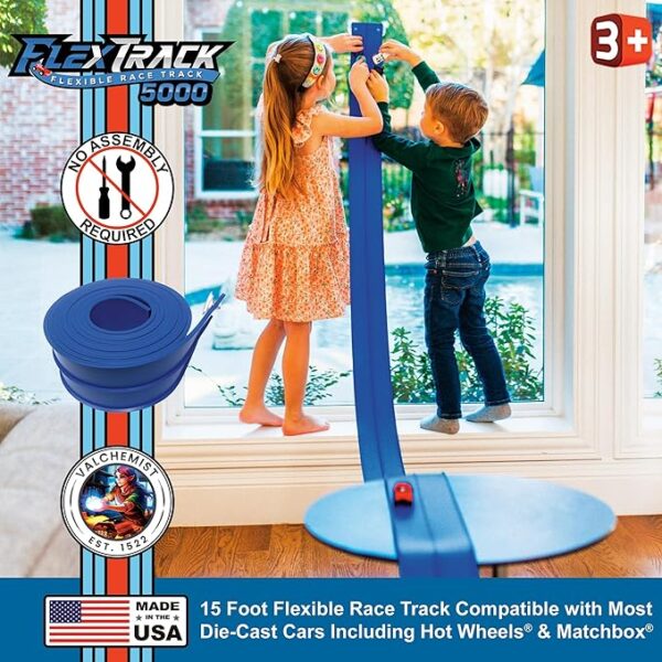 FlexTrack 5000 Flexible Race Car Track for Kids Toy with Suction Cups Compatible with Hot Wheels and Diecast 1/64th Cars and More 15 Feet Long Rolls Up Portable Racetrack (Racing Blue) - Image 5