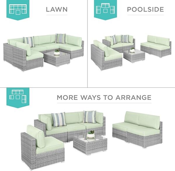Best Choice Products 7-Piece Modular Outdoor Sectional Wicker Patio Conversation Set w/ 2 Pillows, Coffee Table, Cover Included - Gray/Light Mint - Image 3