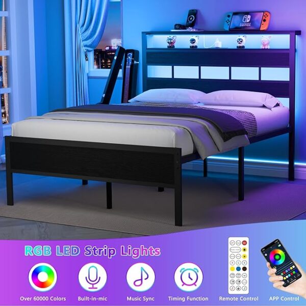 Furnulem Full Size Bed Frame with LED Light and Charging Station, Wood Storage Headboard with 2-Tier Shelves, Metal Platform Bed with Heavy Duty Slats Support, No Box Spring Needed, Black Oak - Image 3