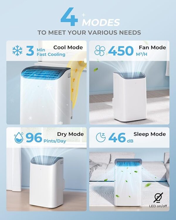 EUHOMY 14000 BTU Portable Air Conditioners Cools up to 700 Sq.Ft, Auto-Evaporation 4-in-1 Air Conditioner Portable with Cool, Dry, Fan, Sleep Modes, Air Conditioner for Bedroom, Large Room with Remote - Image 4