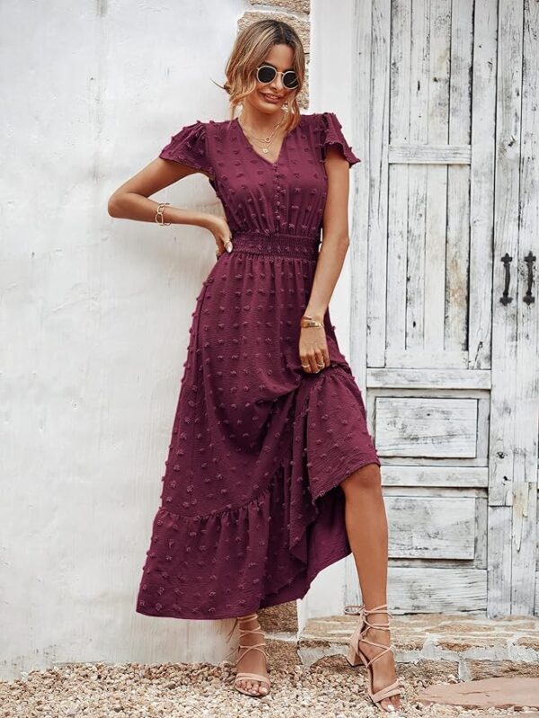 PRETTYGARDEN Womens Dresses 2025 Summer Maxi Dress Boho Short Sleeve V Neck Swiss Dot Ruffle Tiered Smocked Flowy Long Dress - Image 4