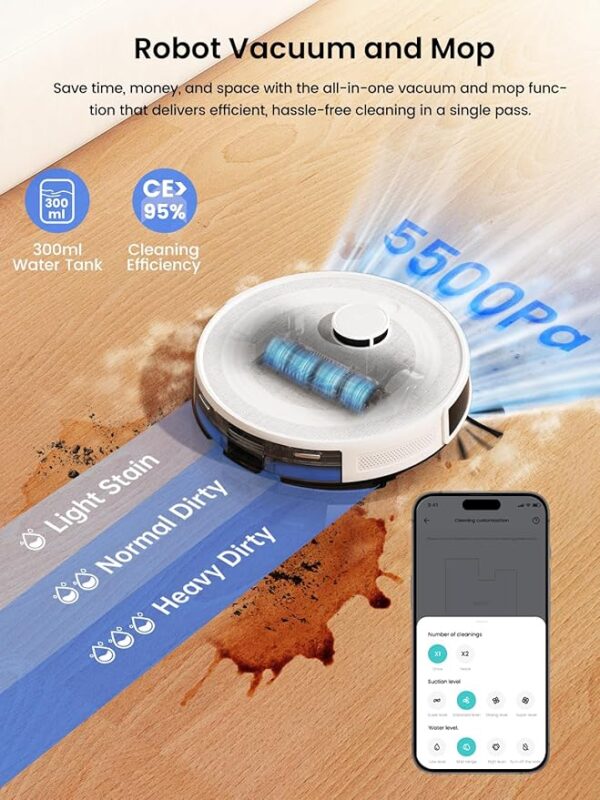 Lefant LiDAR Robot Vacuum and Mop, 45-Day Self-Emptying, 190° PSD Obstacle Avoidance, Customized Cleaning, Multi-Floor Mapping, 5500Pa Strong Suction, 140 Min Runtime, WiFi/Alexa/APP, M2 Pro - Image 6