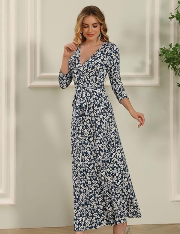 Aphratti Women's Maxi Dresses Summer 3/4 Sleeve V Neck Faux Wrap Flowy Spring Long Floral Maxi Dress - Image 4