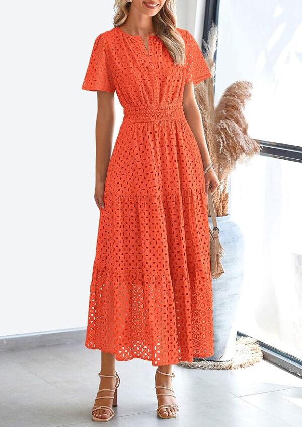 PRETTYGARDEN Womens 2025 Summer Maxi Dress Short Sleeve V Neck Hollow Out Eyelet A Line Long Flowy Beach Vacation Dresses - Image 4