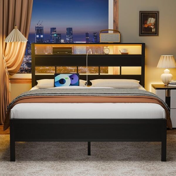 Furnulem Full Size Bed Frame with LED Light and Charging Station, Wood Storage Headboard with 2-Tier Shelves, Metal Platform Bed with Heavy Duty Slats Support, No Box Spring Needed, Black Oak - Image 5