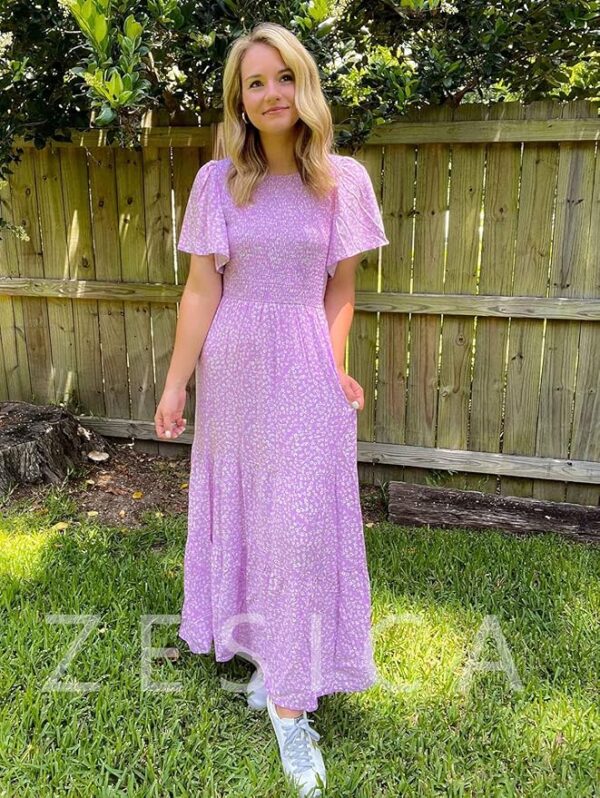 ZESICA Women's 2025 Summer Casual Floral Print Short Flutter Sleeve Crew Neck Smocked High Waist Flowy Maxi Dress - Image 2
