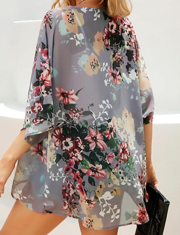 Women's Floral Print Puff Sleeve Kimono Cardigan Loose Cover Up Casual Blouse Tops - Image 5