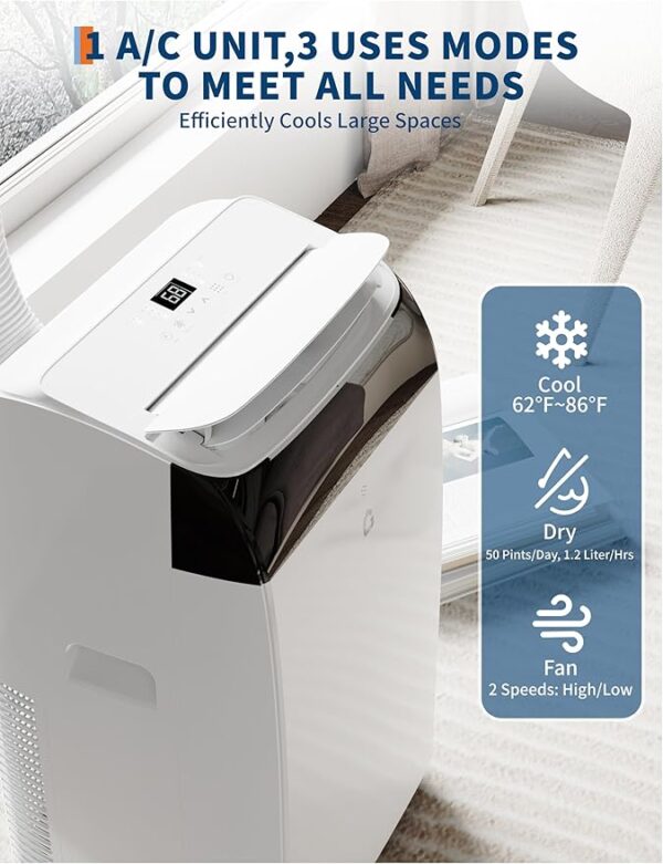14,000 BTU Portable Air Conditioner for 750 Sq.Ft - 3-in-1 AC Unit with Cooling, Dehumidifier & Fan Modes, Remote Control, Timer & Ultra-Quiet Operation for Home/Office - Image 6