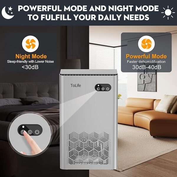 ToLife Dehumidifiers for Home 95 OZ Water Tank, 1000 sq.ft Dehumidifier for Basement Bedroom Bathroom with Auto Shut Off 7 Colors LED Light, Silver - Image 5