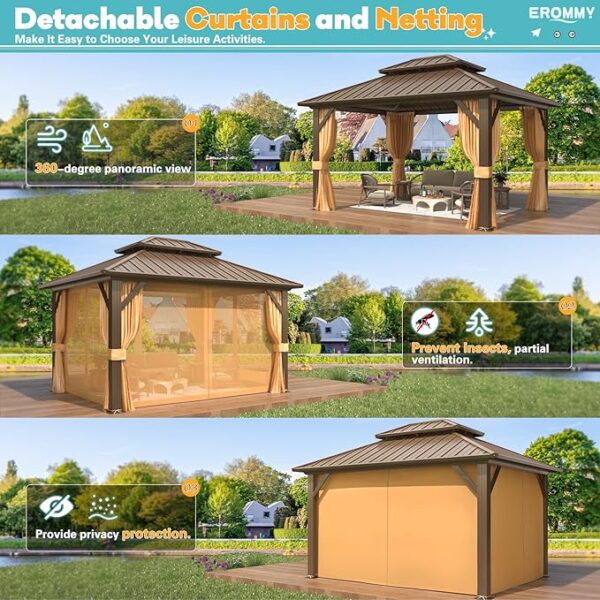 EROMMY 10' x 12' Hardtop Gazebo, Aluminum Frame Gazebos with Galvanized Steel Double Roof, Permanent Outdoor Metal Pavilion with Curtain and Netting for Patio, Lawn, Deck - Image 5