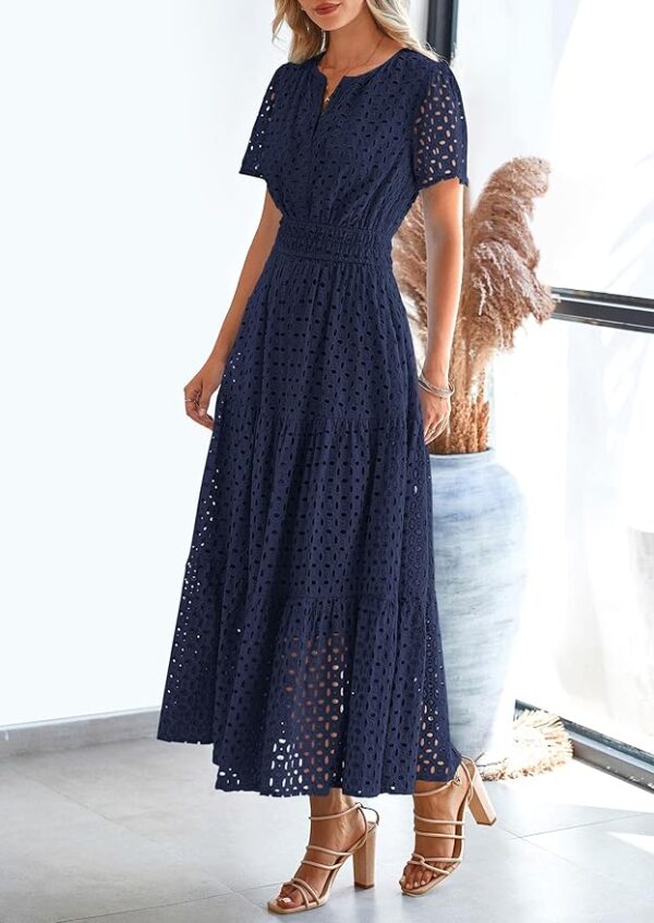PRETTYGARDEN Womens 2025 Summer Maxi Dress Short Sleeve V Neck Hollow Out Eyelet A Line Long Flowy Beach Vacation Dresses - Image 4