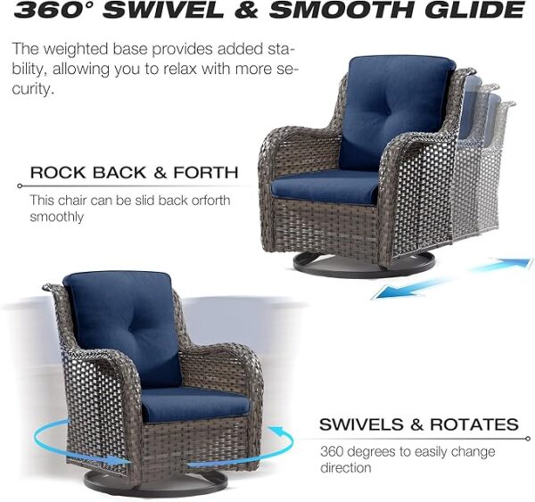 Joyside Outdoor Swivel Rocker Patio Chairs Set of 2 and Matching Side Table - 3 Piece Wicker Patio Bistro Set with Premium & Soft Fabric Cushions(Mixed Grey/Blue) - Image 4