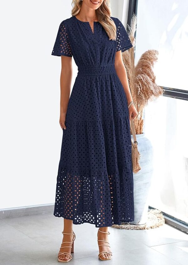 PRETTYGARDEN Womens 2025 Summer Maxi Dress Short Sleeve V Neck Hollow Out Eyelet A Line Long Flowy Beach Vacation Dresses - Image 5