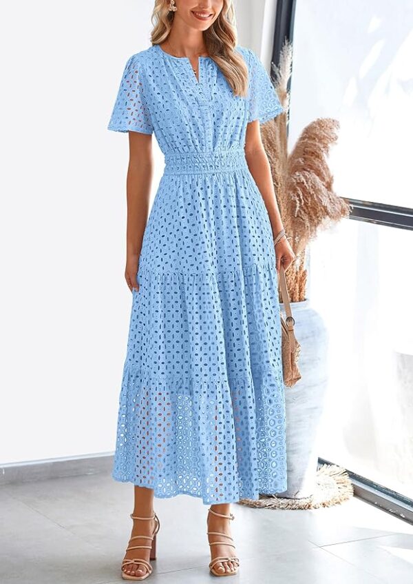 PRETTYGARDEN Womens 2025 Summer Maxi Dress Short Sleeve V Neck Hollow Out Eyelet A Line Long Flowy Beach Vacation Dresses - Image 4