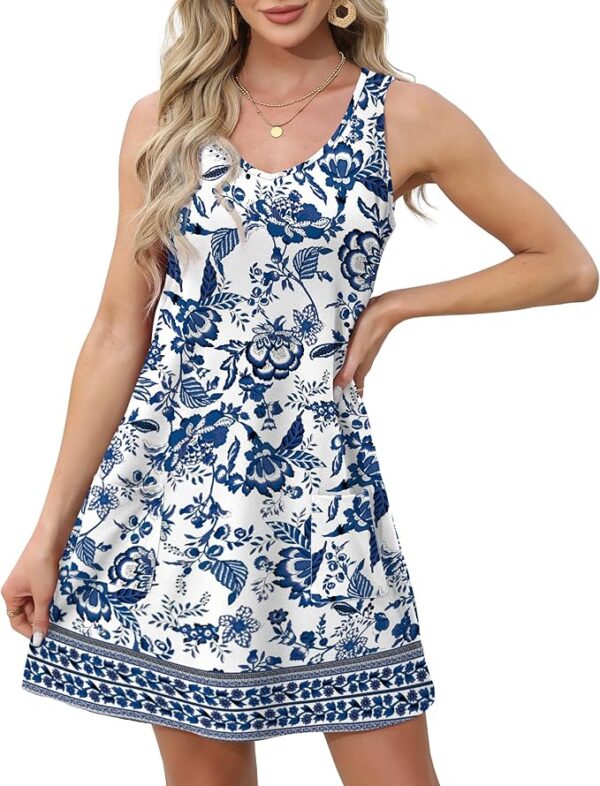 OFEEFAN Womens Summer Dresses 2025 Loose V Neck Sleeveless Sundresses Swimsuit Coverup with Pockets Floral/Plain/Eyelet - Image 4