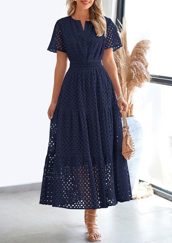 PRETTYGARDEN Womens 2025 Summer Maxi Dress Short Sleeve V Neck Hollow Out Eyelet A Line Long Flowy Beach Vacation Dresses - Image 6