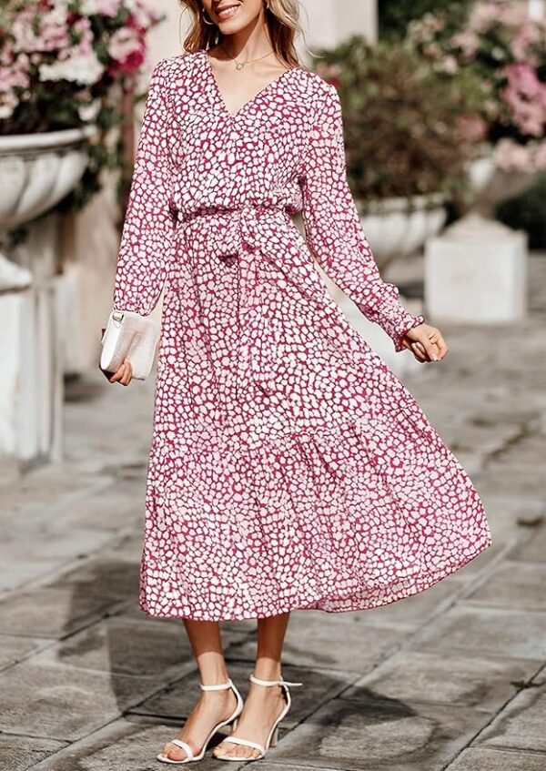 PRETTYGARDEN Women's Floral Print Boho Dress Long Sleeve Wrap V Neck Ruffle Belted A-Line Flowy Maxi Dresses - Image 6