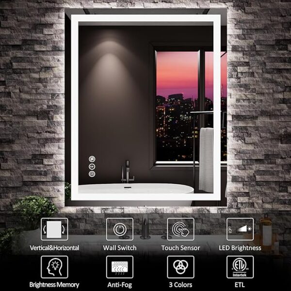 Amorho LED Mirror for Bathroom 24" X30" with Front Light and Backlit, Stepless Dimmable, Shatter-Proof, Memory, 3 Colors, Wall Mount (Horizontal/Vertical) - Image 4