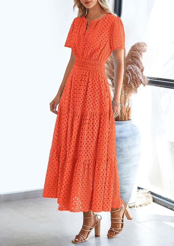PRETTYGARDEN Womens 2025 Summer Maxi Dress Short Sleeve V Neck Hollow Out Eyelet A Line Long Flowy Beach Vacation Dresses - Image 3