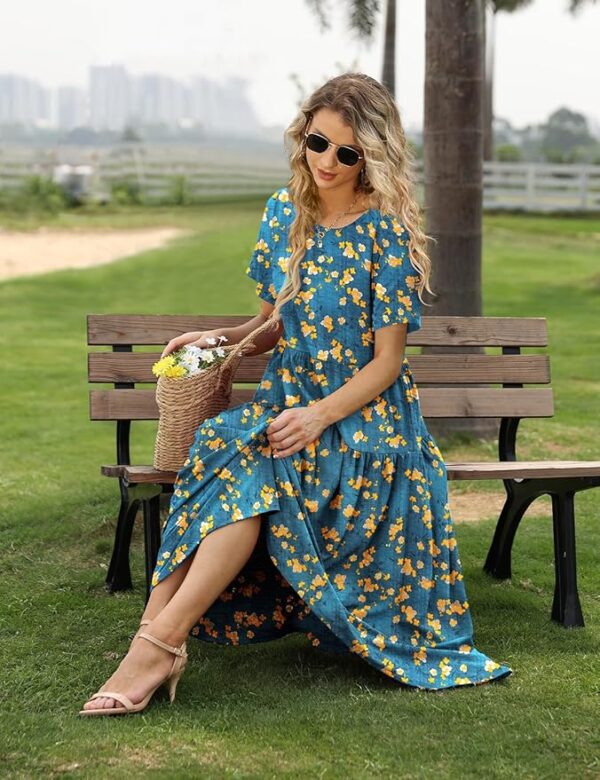 YESNO Women Casual Loose Bohemian Floral Dress with Pockets Short Sleeve Long Maxi Summer Beach Swing Dress EJF - Image 2