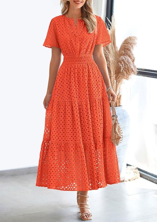 PRETTYGARDEN Womens 2025 Summer Maxi Dress Short Sleeve V Neck Hollow Out Eyelet A Line Long Flowy Beach Vacation Dresses - Image 2