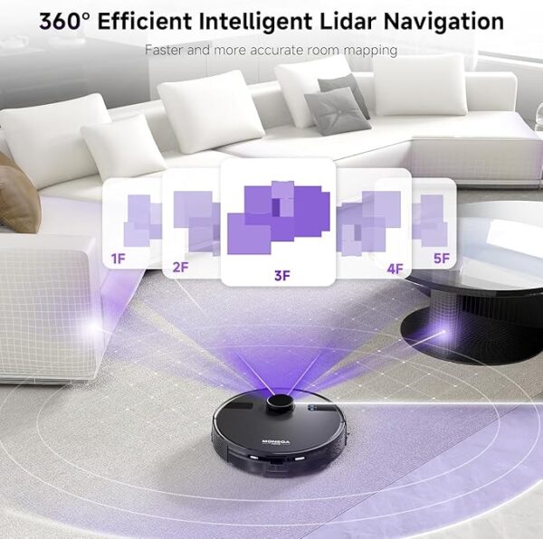 MONSGA Robot Vacuum and Mop Combo, 5000Pa Robotic Vacuum with 3.5L Self Emptying Station, Lidar Navigation Robot Vacuum Cleaner, 180mins Runtime, APP/Remote/Voice Control, for Hard Floors and Carpets - Image 4