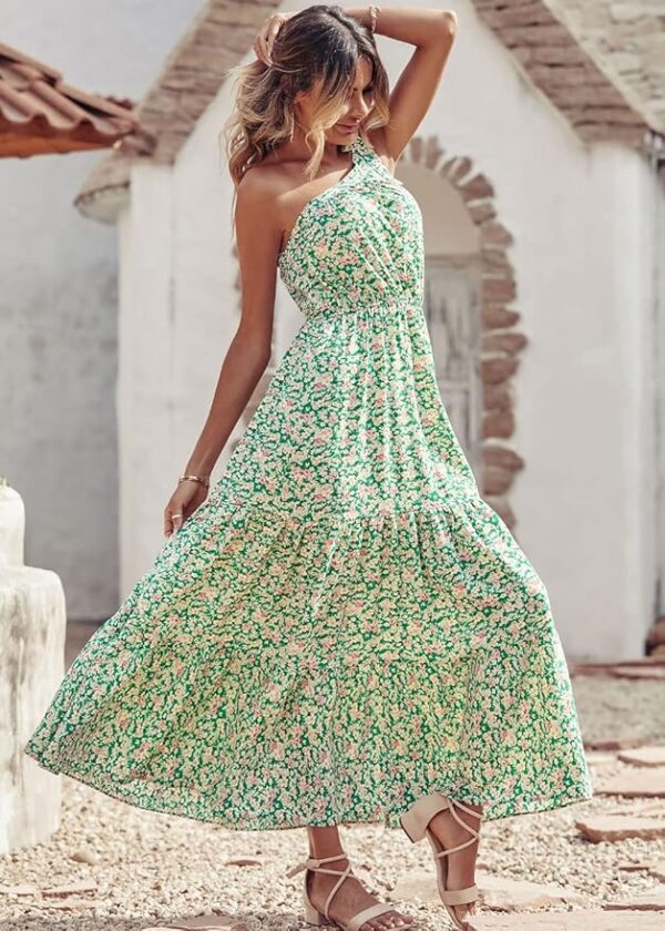 PRETTYGARDEN Women's Summer Floral One Shoulder Maxi Dress Knot Ruffle Boho Beach Vacation Wedding Guest Long Dresses - Image 2