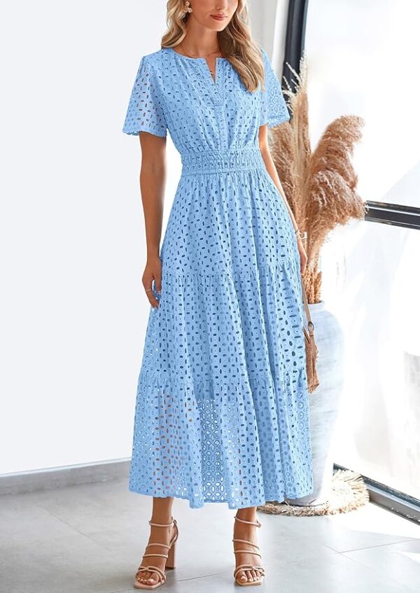 PRETTYGARDEN Womens 2025 Summer Maxi Dress Short Sleeve V Neck Hollow Out Eyelet A Line Long Flowy Beach Vacation Dresses - Image 2