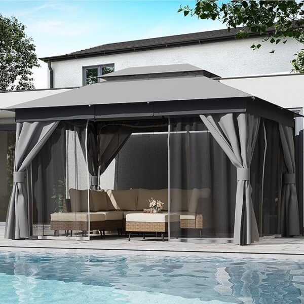 LAUSAINT HOME Outdoor Patio Gazebo 10'x13' with Expansion Bolts, Heavy Duty Party Tent & Shelter with Double Roofs, Mosquito Nettings and Privacy Screens for Backyard, Garden, Lawn, Smoke Grey