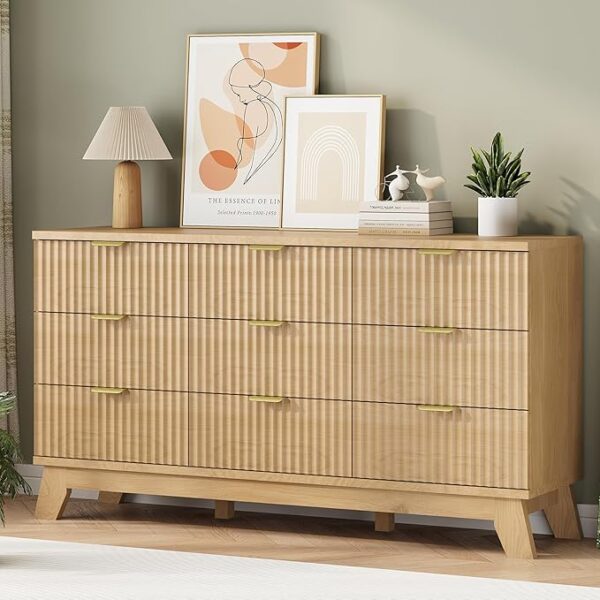 Fluted Dresser for Bedroom with 9 Drawers, 57" Wide Modern Chest of Drawers with Metal Handle, Wooden Dresser TV Stand, Wood Closet Clothes Storage Organizer for Living Room, Hallway, Natural Oak - Image 2