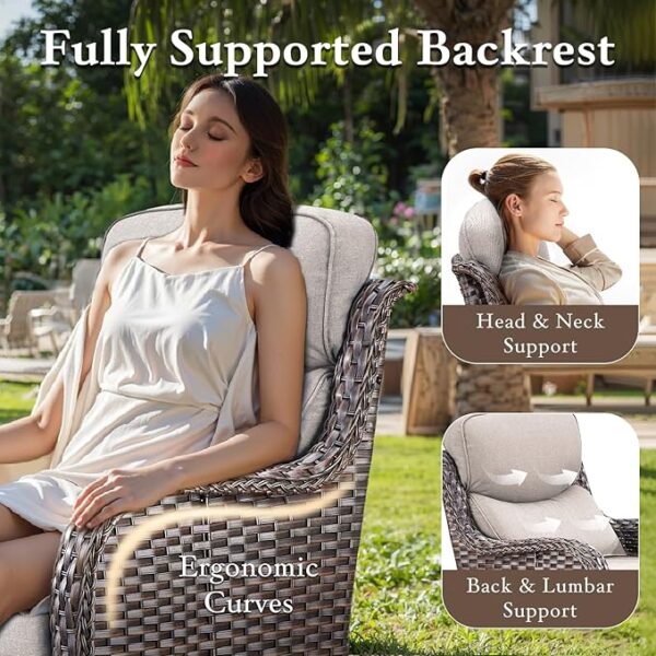 Luxury Outdoor Swivel Rocker Patio Chairs, High Back Swivel Patio Chairs with Side Table & 6-Inch Thick Cushions, Wicker Outdoor Bistro Set for Porch, Yard, Deck, Poolside, Brown/Beige - Image 3