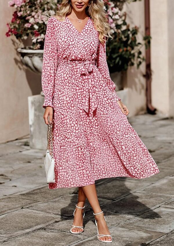 PRETTYGARDEN Women's Floral Print Boho Dress Long Sleeve Wrap V Neck Ruffle Belted A-Line Flowy Maxi Dresses - Image 5